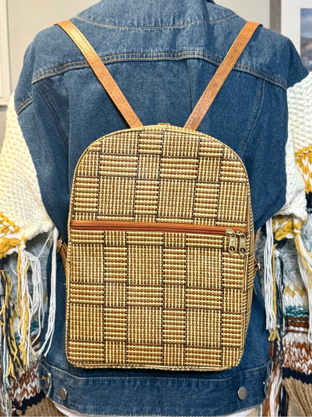 Woven Tan and Gold Mini Backpack - Women
